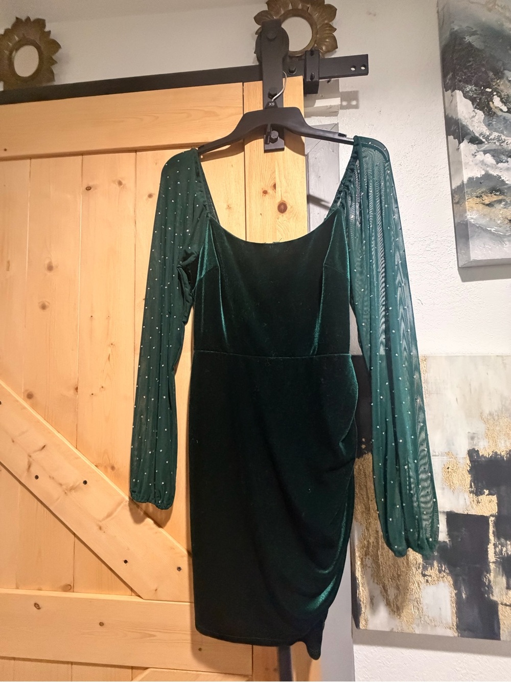 Emerald Green Velvet Mesh Sleeve Sheath Dress